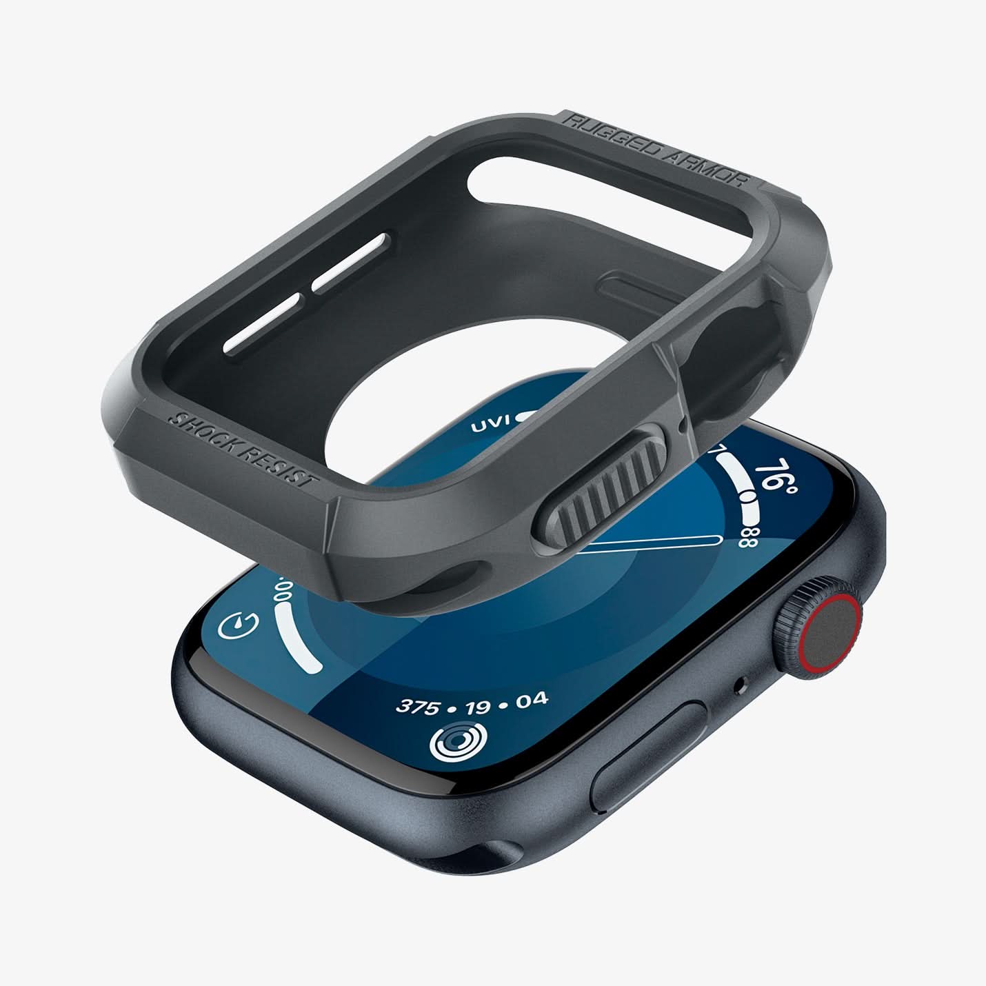 ACS07380 - Apple Watch (45mm) Rugged Armor in Dark Gray showing the case hovering above the front of the watch face