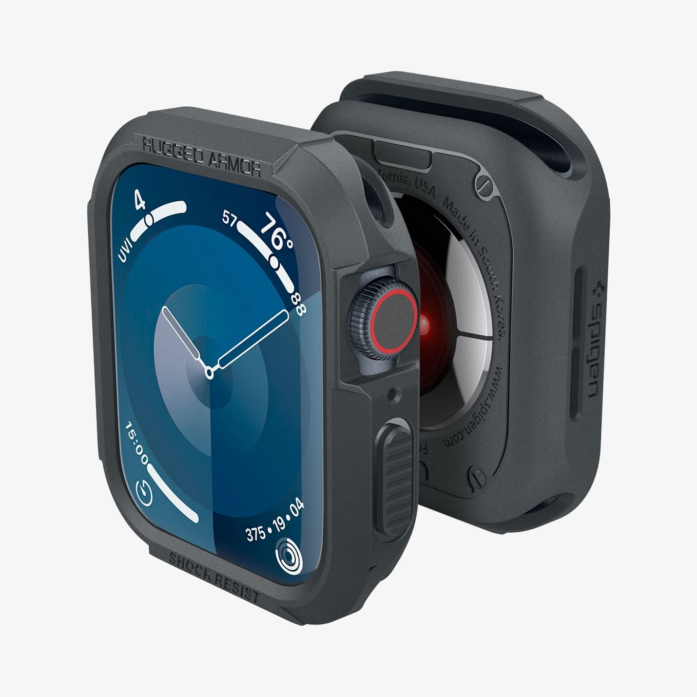 ACS07380 - Apple Watch (45mm) Rugged Armor in Dark Gray showing the front face, back and partial sides of 2 watches facing each others back