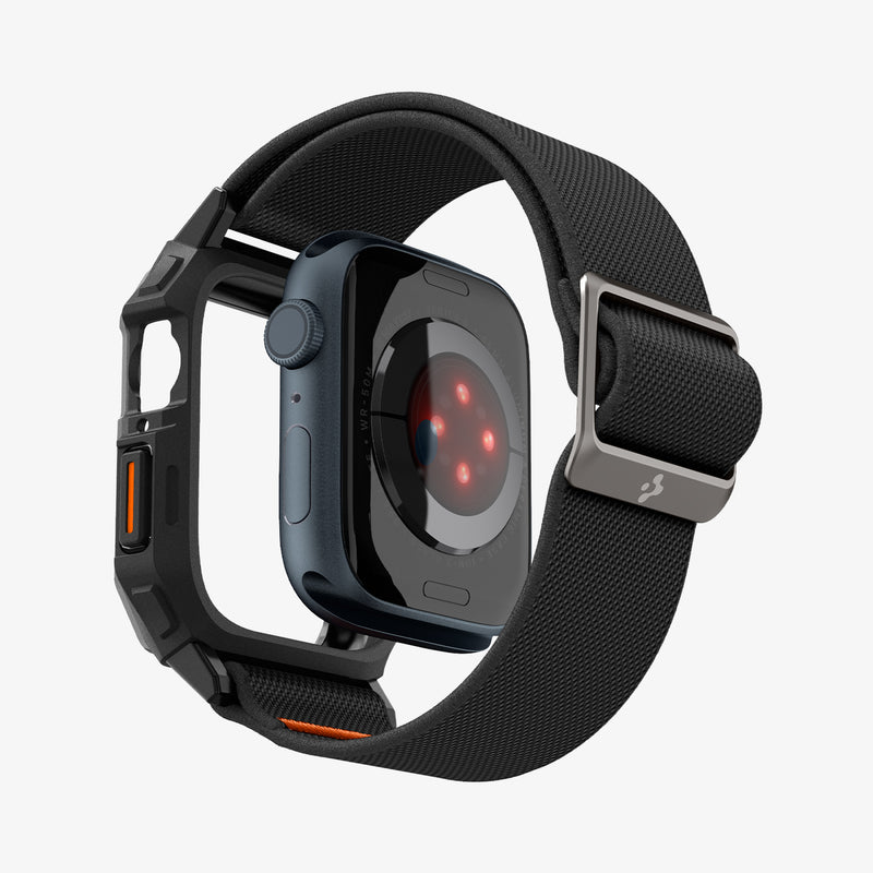 ACS07103 - Apple Watch (45mm) Lite Fit Pro in Matte Black showing the frame and strap detached from the apple watch hovering under the app strap