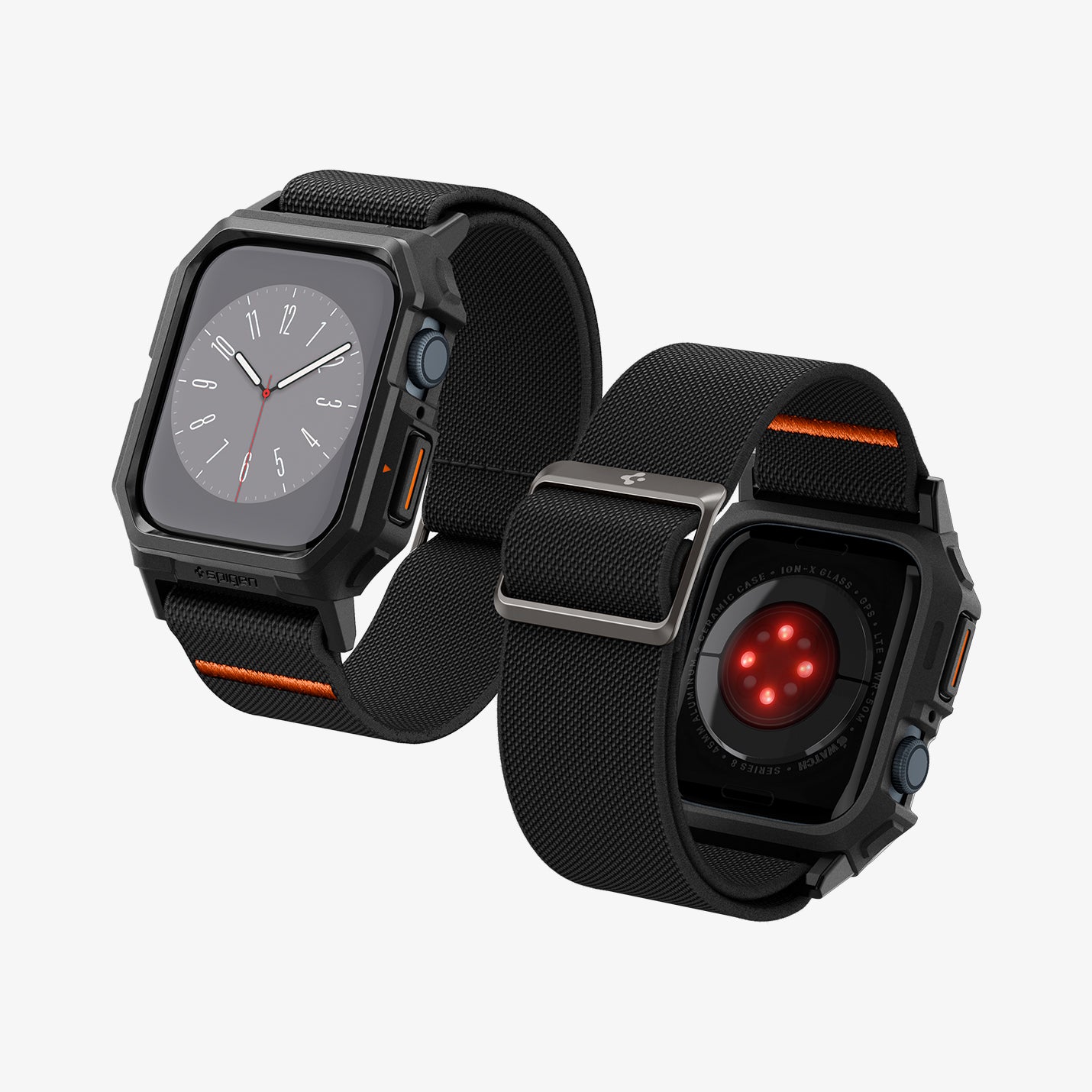 ACS07103 - Apple Watch (45mm) Lite Fit Pro in Matte Black showing the front and back, sides and inner straps of 2 apple watch