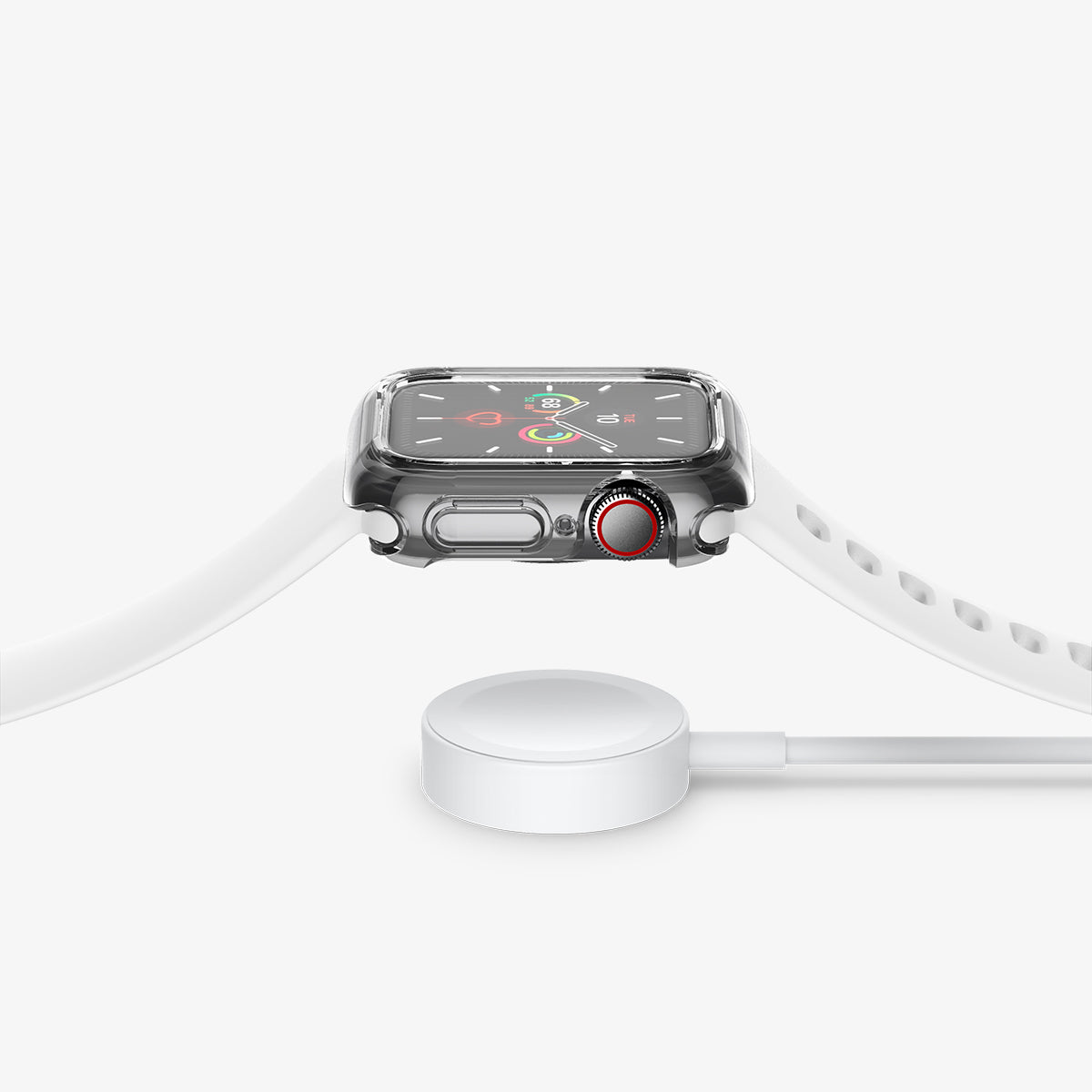 ACS00427 - Apple Watch Series (Apple Watch (40mm)) Case Ultra Hybrid in crystal clear showing the side with watch hovering above the charger