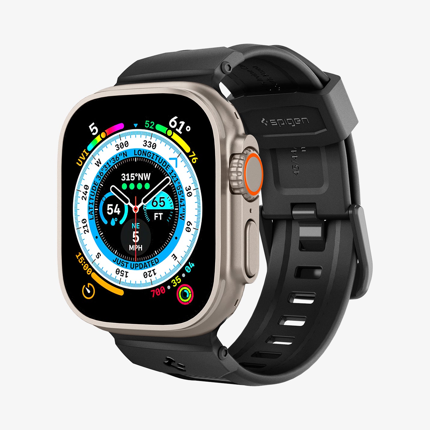 AMP07105 - Apple Watch (49mm) Rugged Ultra Band in Matte Black showing the front, sides, partial inner and bottom