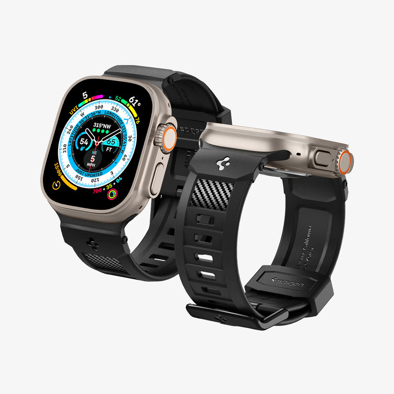 AMP07105 - Apple Watch (49mm) Rugged Ultra Band in Matte Black showing the front, back, sides, partial inner and bottom of both watches