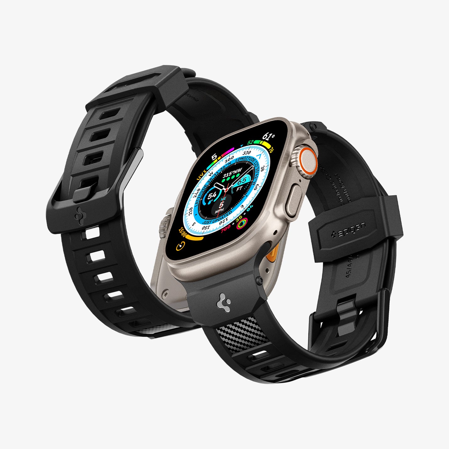 AMP07105 - Apple Watch (49mm) Rugged Ultra Band in Matte Black showing the front, side, partial inner and bottom of both watches