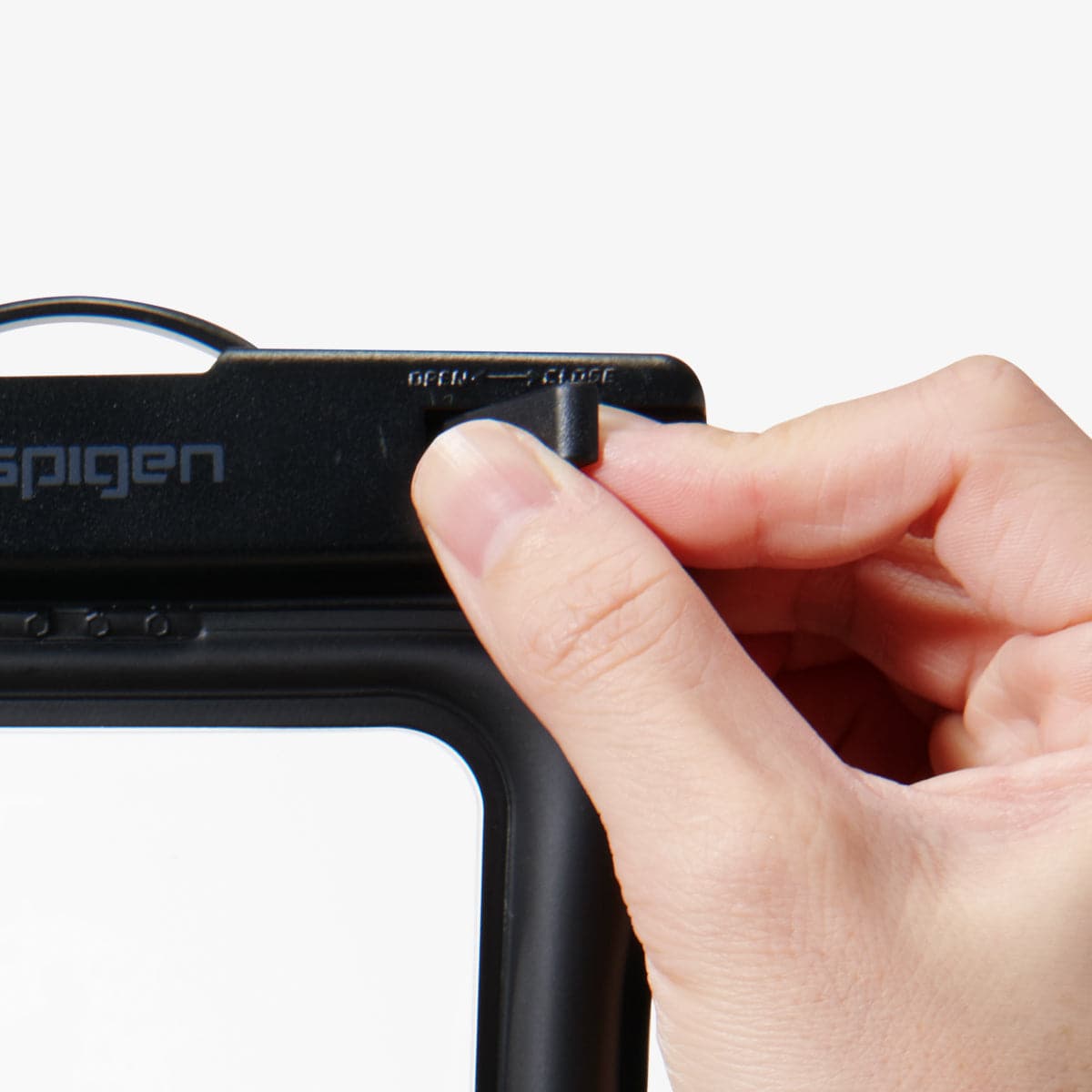 AMP04527 - AquaShield Waterproof Floating Case (2 Pack) A610 in Black showing the how to open the waterproof case by pulling the clip to open  Edit alt text