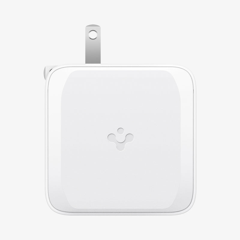 ACH02081 - ArcStation™ Pro GaN 70W Dual Port Wall Charger PE2007 in White showing the side, with a spigen logo and partial part of a plug in upside down