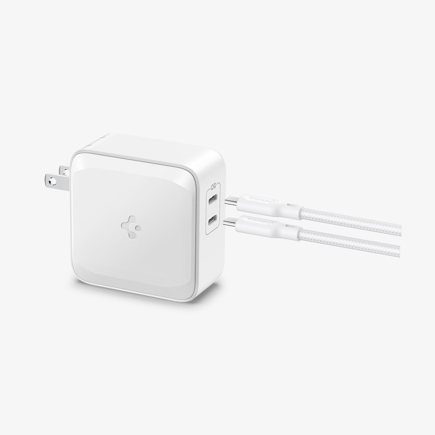ACH02081 - ArcStation™ Pro GaN 70W Dual Port Wall Charger PE2007 in White showing the sides and top of a charger with 2 charger cord hovering beside two usb c-type ports