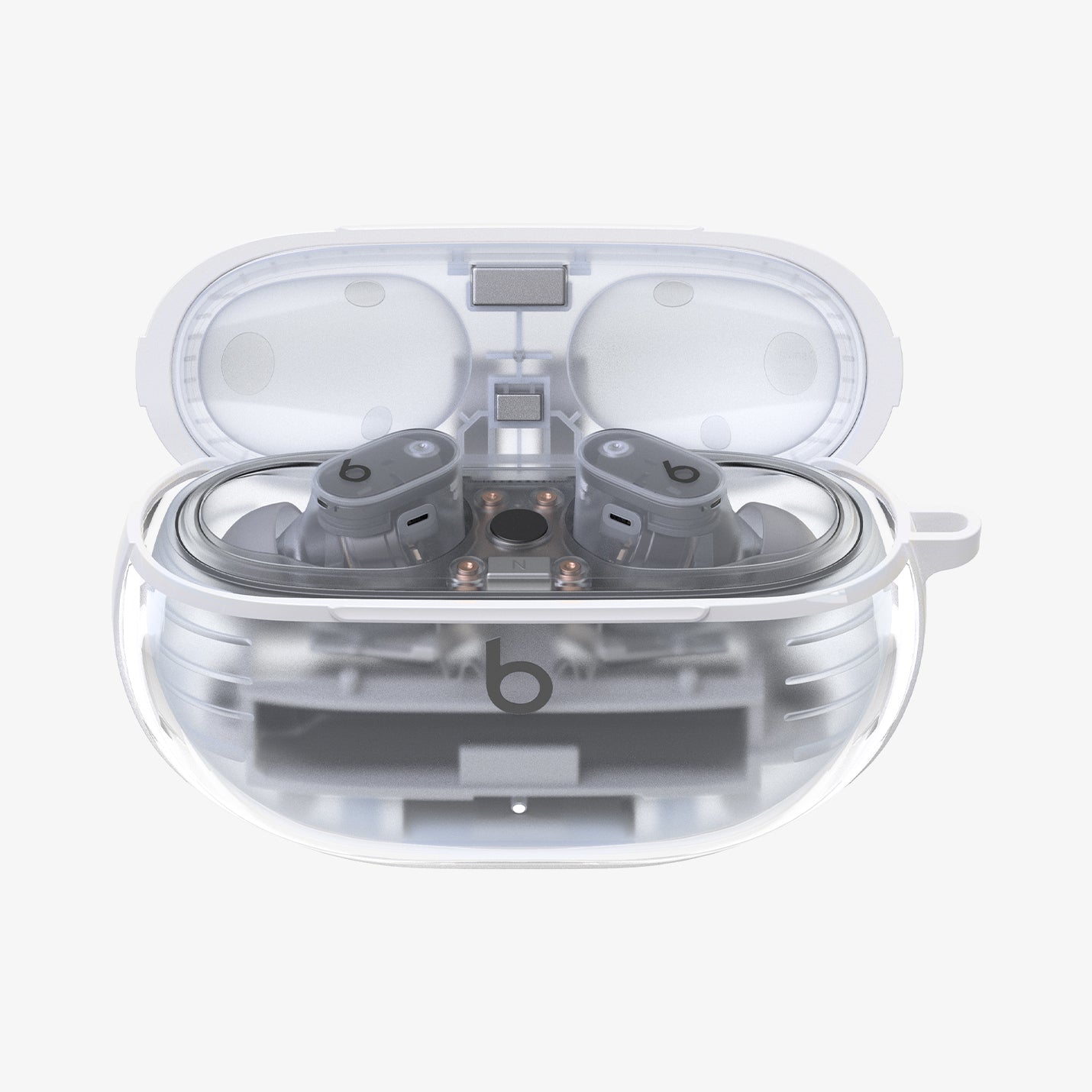 ACS06935 - Beats Studio Buds Case Ultra Hybrid in crystal clear showing the front with top open and earbuds inside