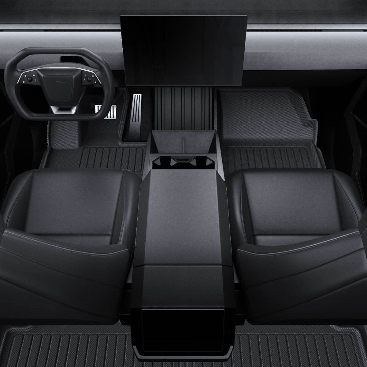 ACP08260 - Tesla Cybertruck WeatherBloc Floor Mat CLF in Black showing the front view facing the tesla monitor