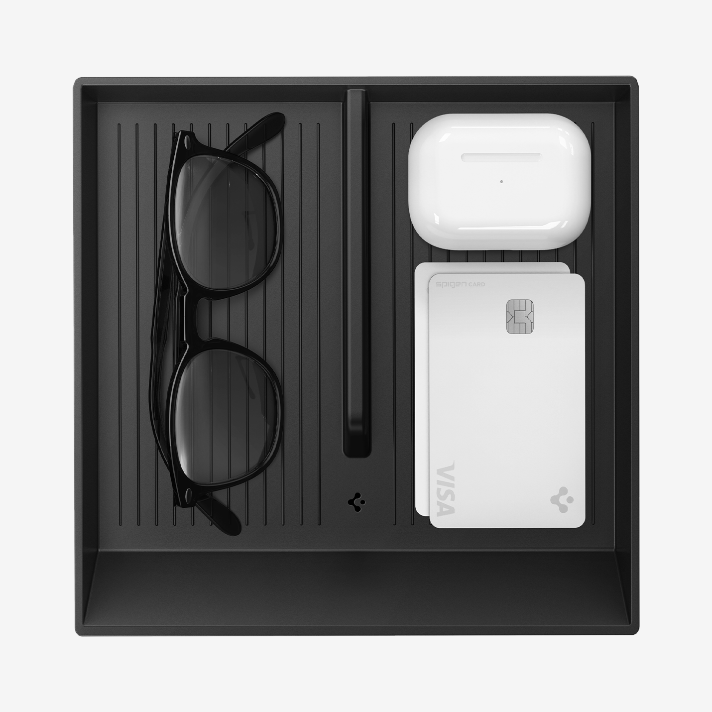 ACP07810 - Tesla Cybertruck Center Console Organizer Tray CO220B in Black showing the inner part with things stored inside