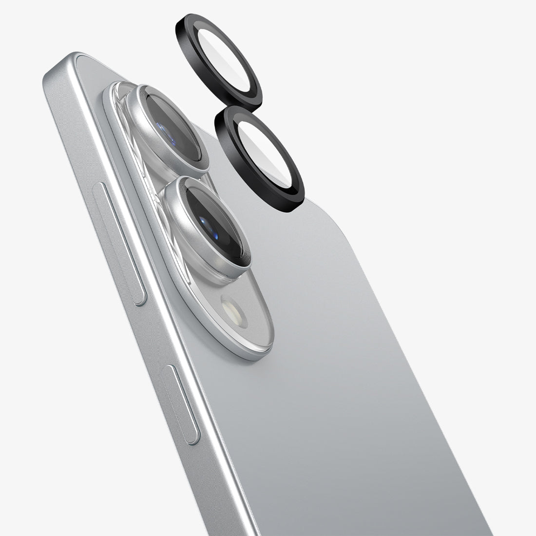 AGL09412 - Galaxy S25 Edge Optik EZ Fit Lens Pro Protector in Black showing the 2 lens screen protector hovering in front of the device camera and the packaging