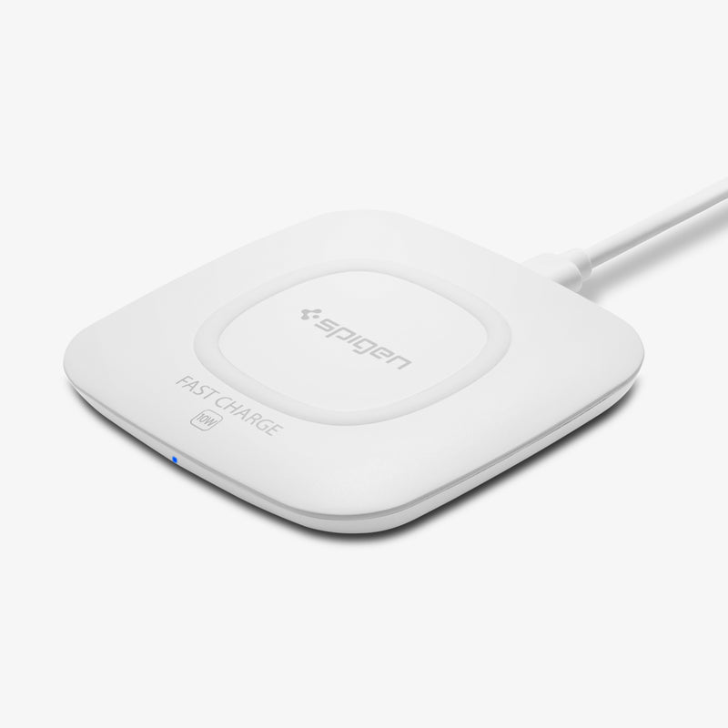 000CH22588 - Essential® 10W Wireless Charger F301W in White showing the front and partial sides with wire cable attached