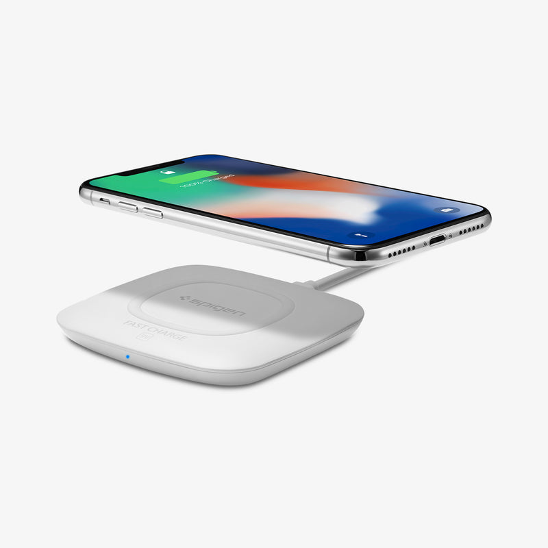 000CH22588 - Essential® 10W Wireless Charger F301W in White showing the device hovering above the wireless charger
