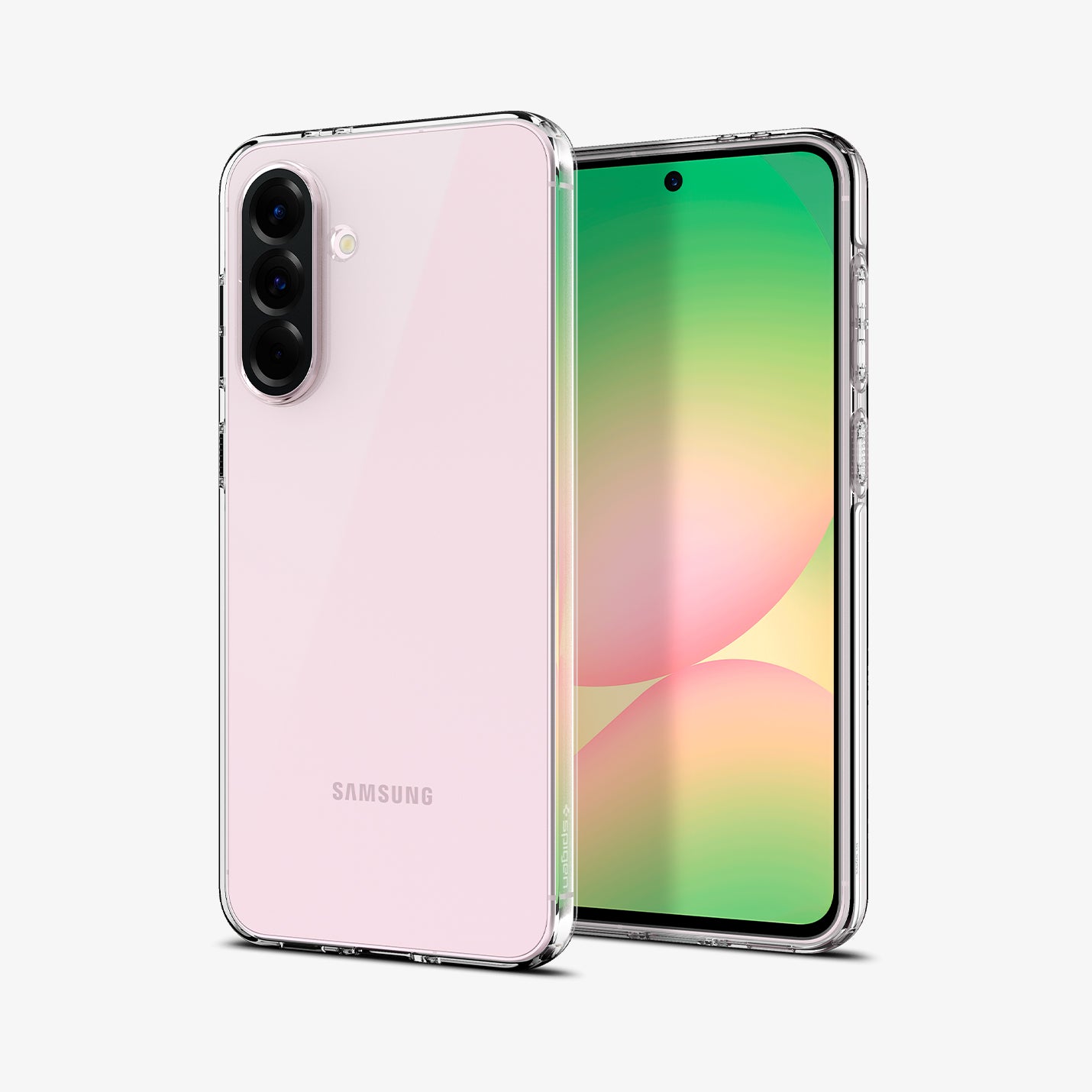 ACS09296 - Galaxy A56 5G Case Liquid Crystal in Crystal Clear showing the back, next to it is a device showing front