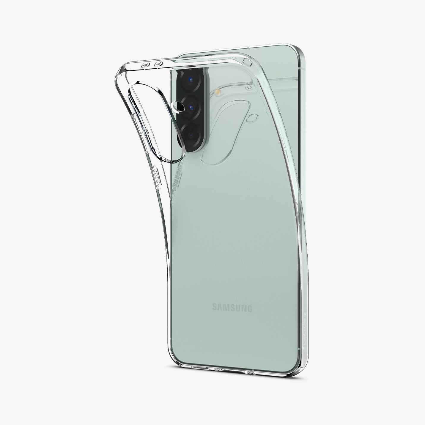 ACS09296 - Galaxy A56 5G Case Liquid Crystal in Crystal Clear showing the back of clear case partially peeled from the back of the device