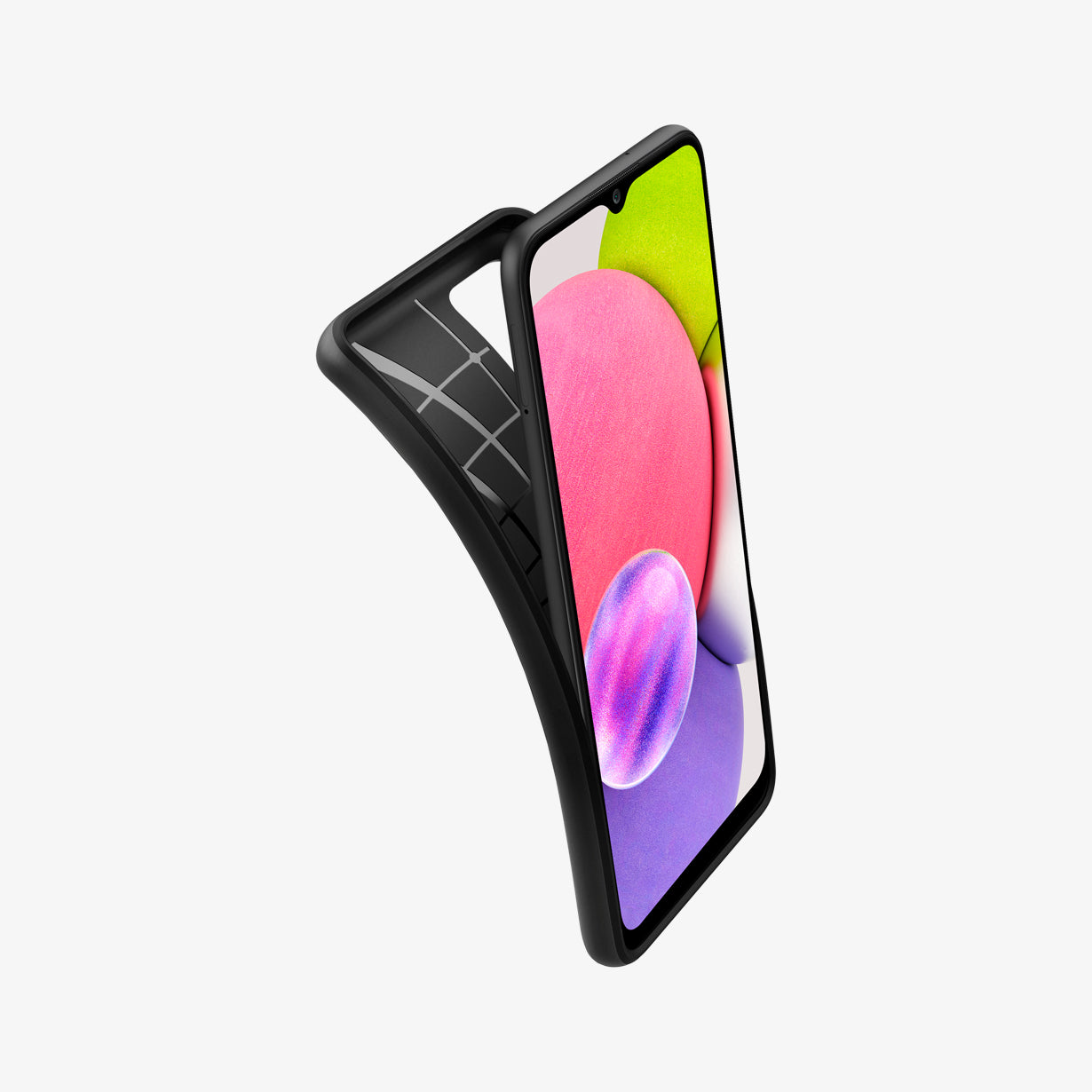 ACS04297 - Galaxy A03s (NA) Case Core Armor in Matte Black showing the front of a device with back case partially peeled off