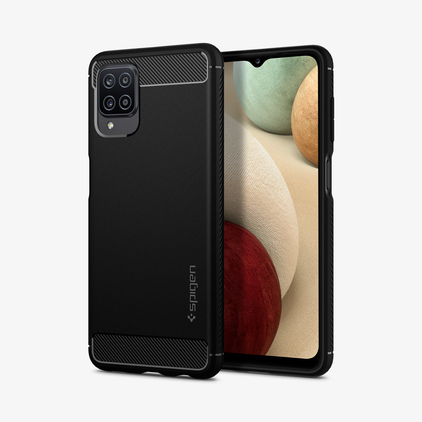 ACS02786 - Galaxy A12 Case Rugged Armor in Matte Black showing the back, next to it is another device showing front