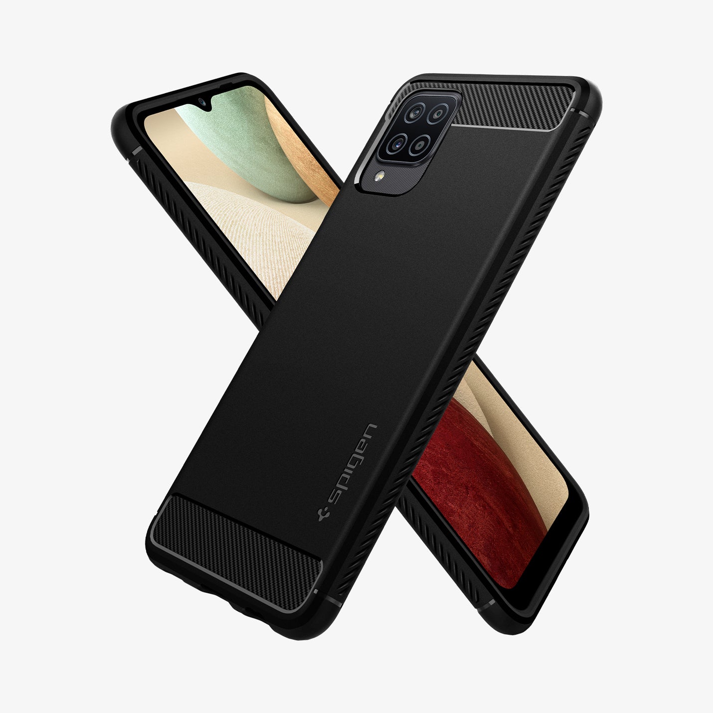 ACS02786 - Galaxy A12 Case Rugged Armor in Matte Black showing the back, partial side behind it is another device showing front and partial side