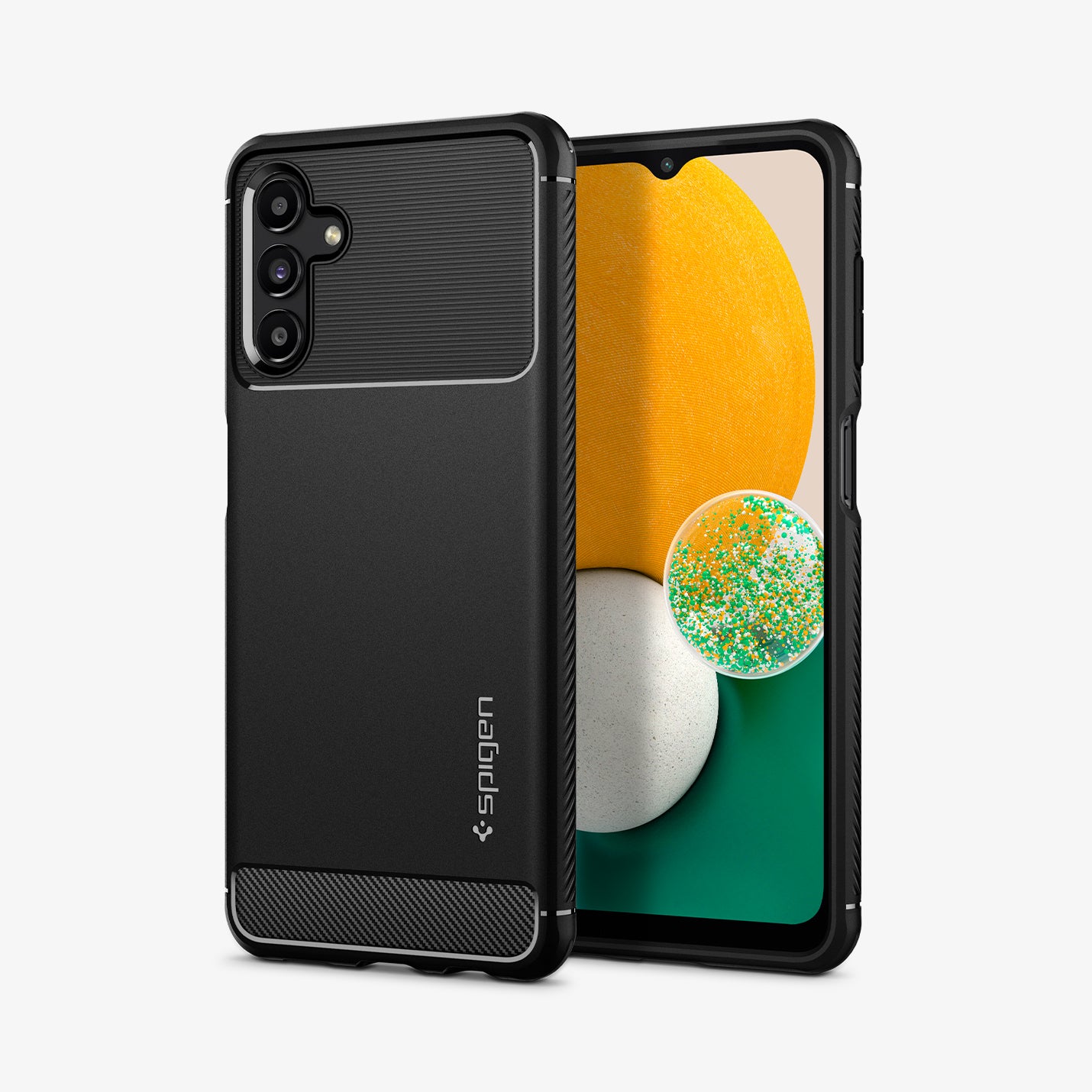 ACS04022 - Galaxy A13 5G Case Rugged Armor in Matte Black showing the back, next to it is another device showing front