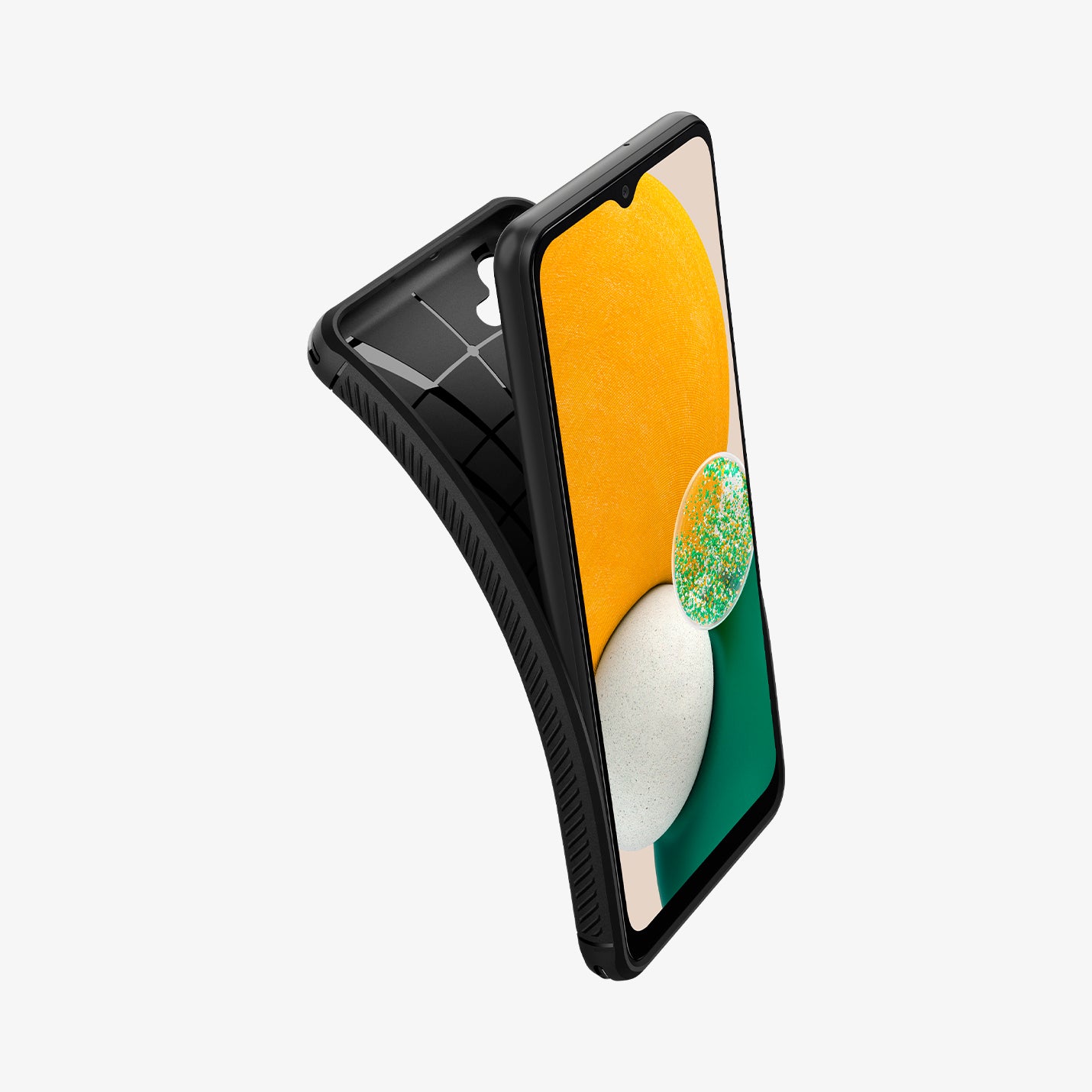 ACS04022 - Galaxy A13 5G Case Rugged Armor in Matte Black showing the front of the device and back case partially peeling off