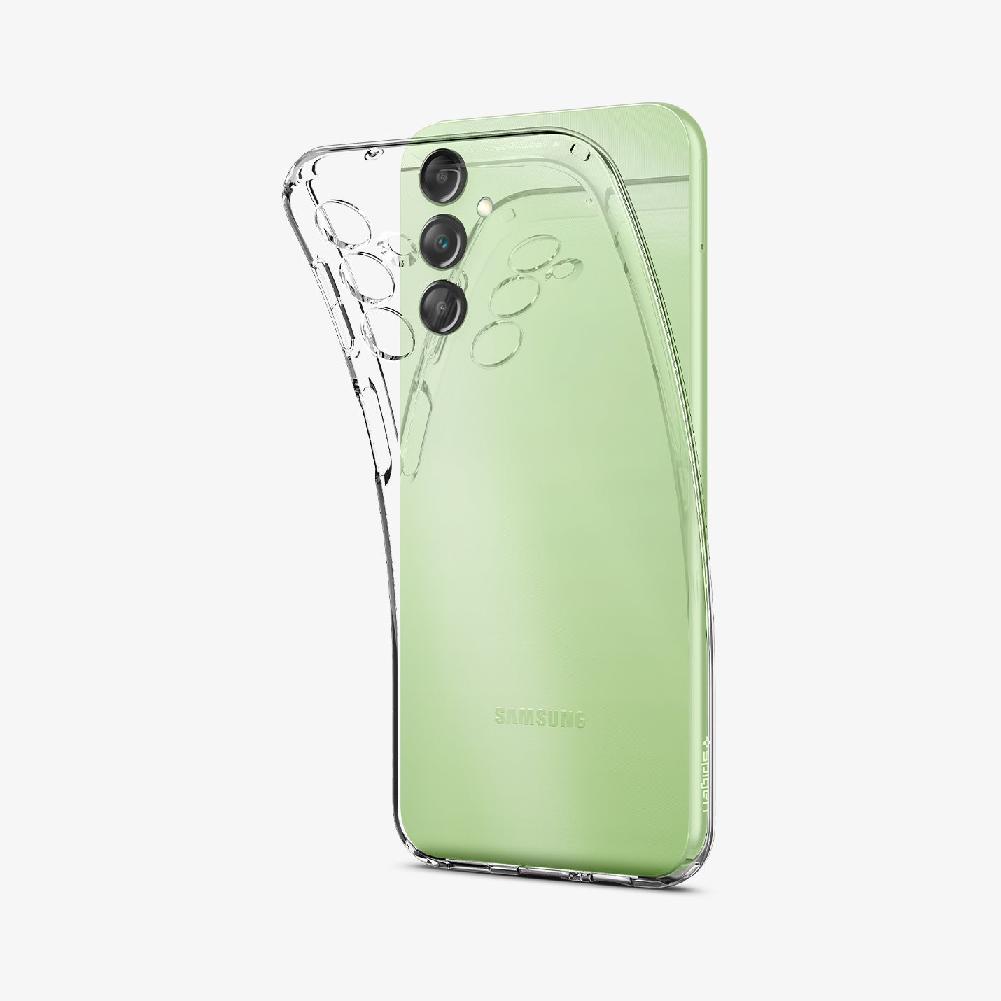 ACS05849 - Galaxy A14 5G (NA) Case Liquid Crystal in Crystal Clear showing the back of clear case partially peeled from the device