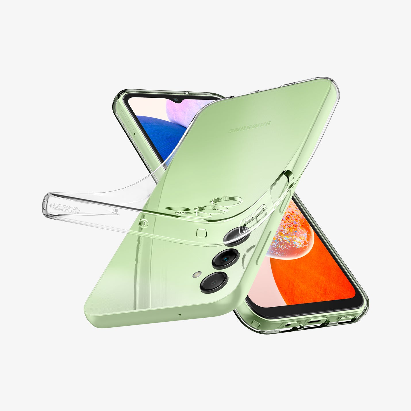 ACS05849 - Galaxy A14 5G (NA) Case Liquid Crystal in Crystal Clear showing the back of clear case partially peeled from a device, behind it, is another device facing front