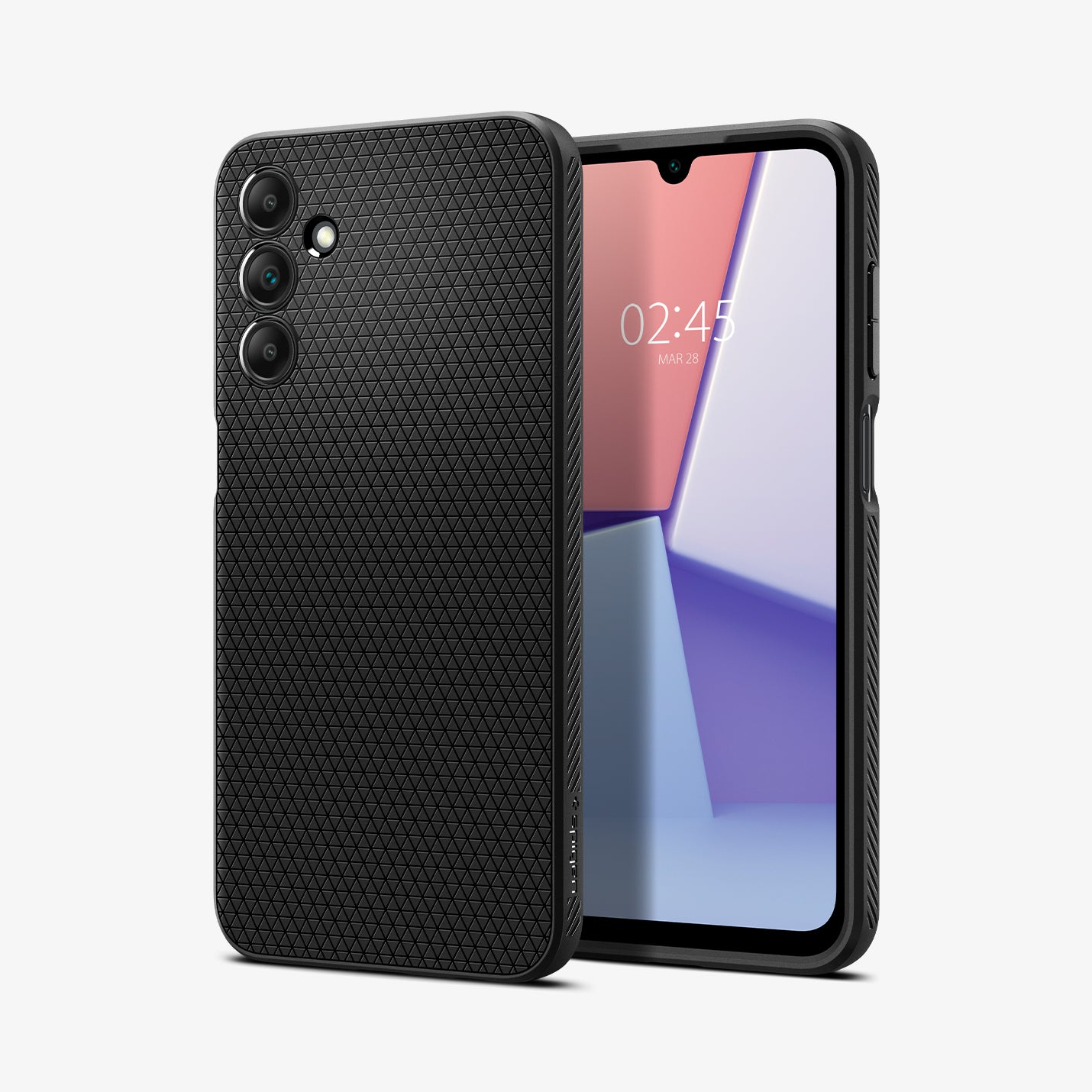 ACS07246 - Galaxy A15 5G Case Liquid Air in Matte Black showing the back, next to it is a device showing front