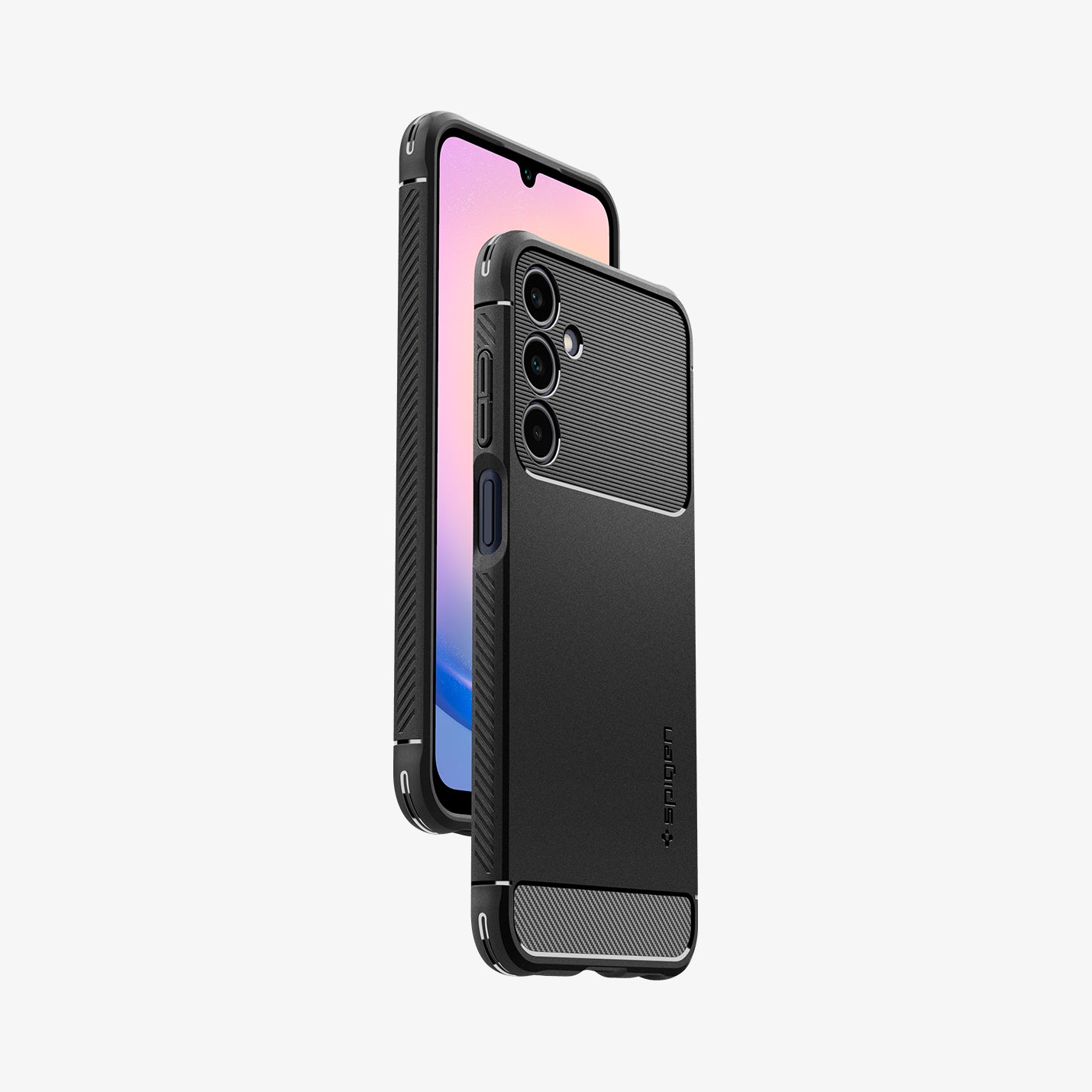 ACS06831 - Galaxy A25 5G Case Rugged Armor in Matte Black showing the back, partial side facing another device showing partial front and side