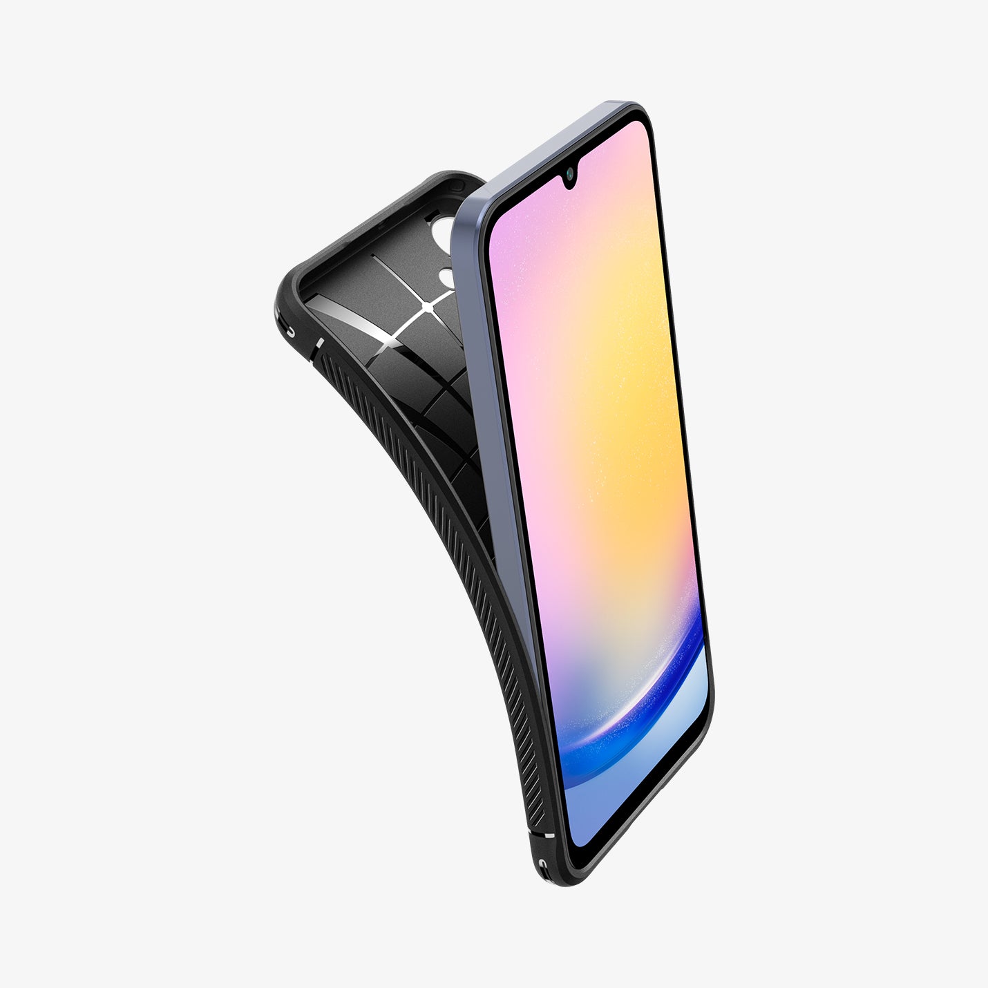 ACS06831 - Galaxy A25 5G Case Rugged Armor in Matte Black showing the front of the device and back case partially peeling off