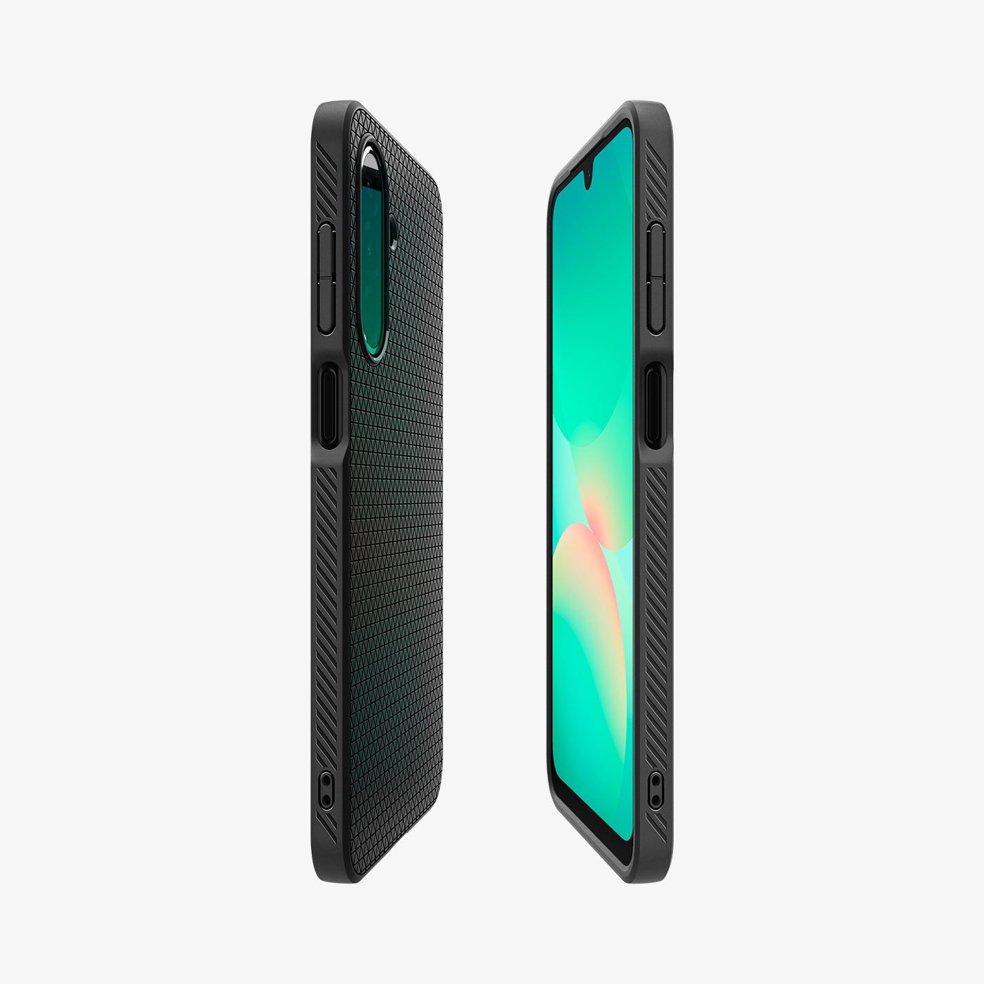ACS09290 - Galaxy A26 5G Case Liquid Air in Matte Black showing the partial back, front and sides of both devices facing each