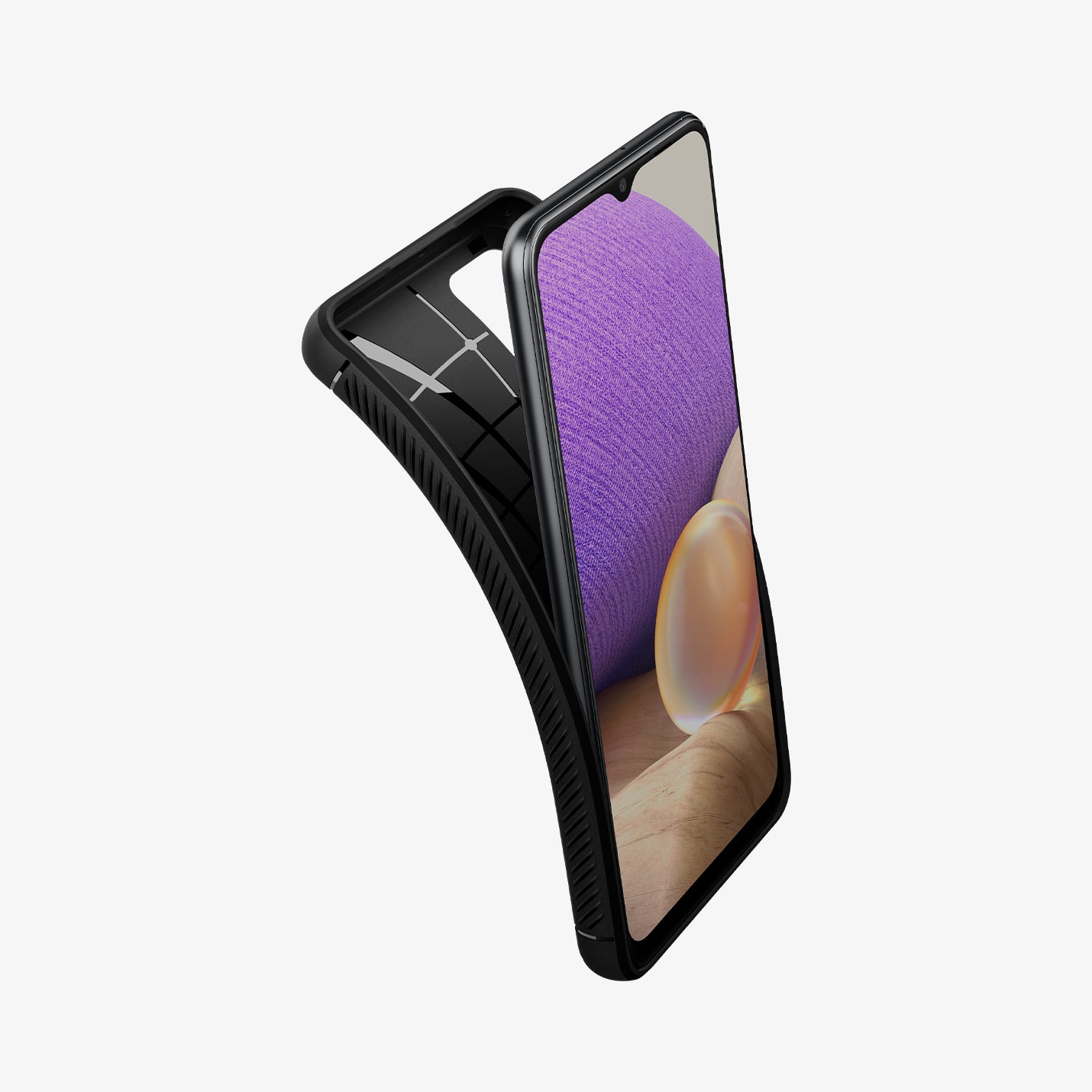 ACS03046 - Galaxy A32 5G Case Rugged Armor in Matte Black showing the front of the device and back case partially peeling off