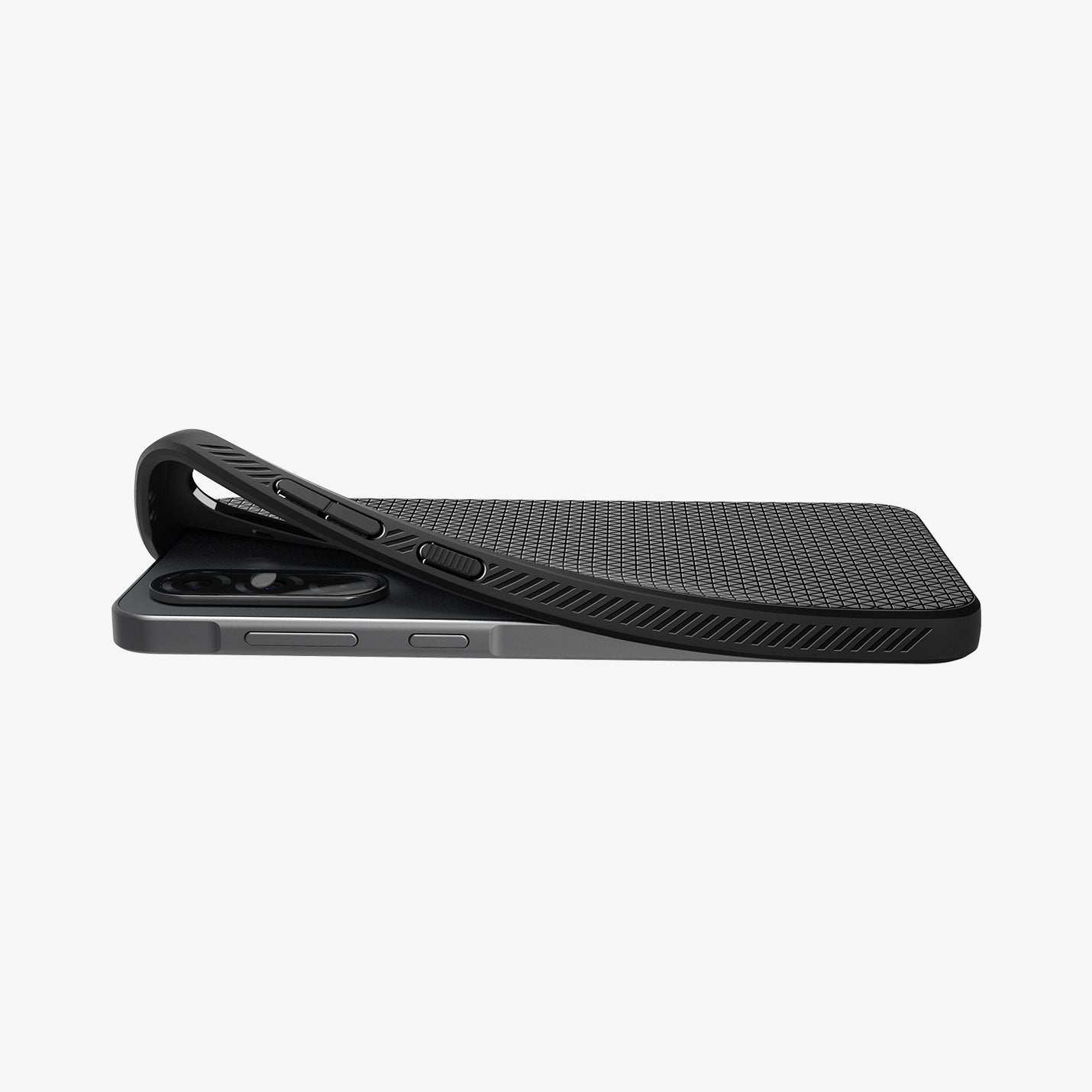 ACS09199 - Galaxy A36 5G Case Liquid Air in Matte Black showing the partial back and side, partially lifted from the upper corner of the device laying flat