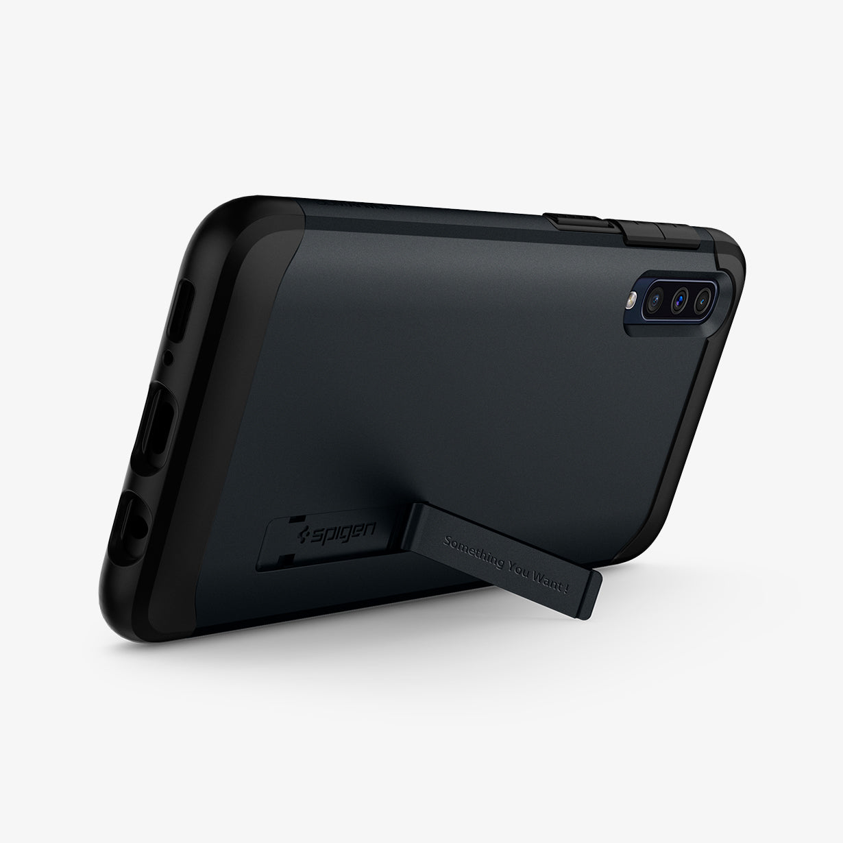 611CS26021 - Galaxy A50 Case Slim Armor in Metal Slate showing the back, partial side and bottom with a built-in kickstand propped up