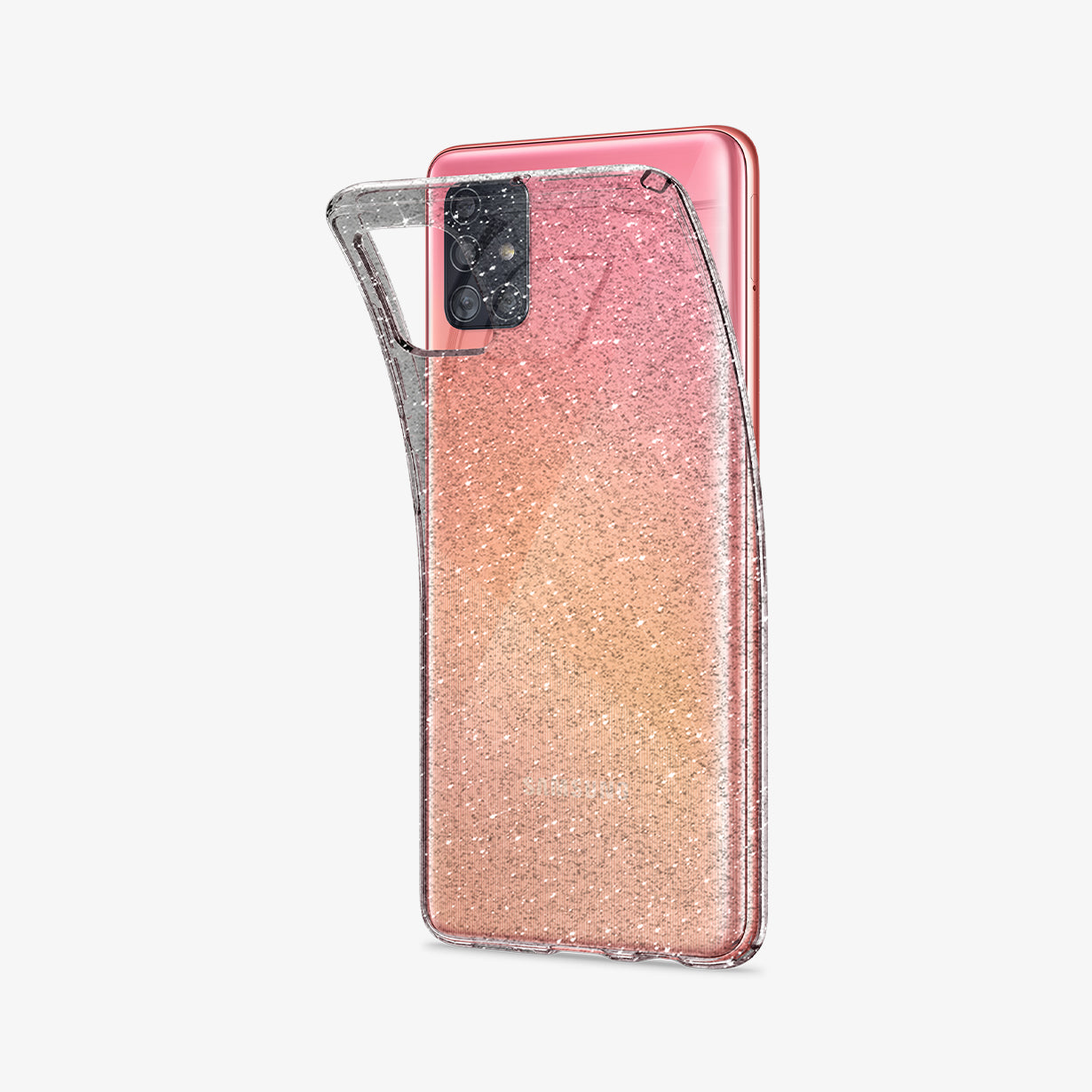 ACS00932 - Galaxy A51 Case Liquid Crystal Glitter in Crystal Quartz showing the soft layer of a tpu back case partially peeled off from  the device