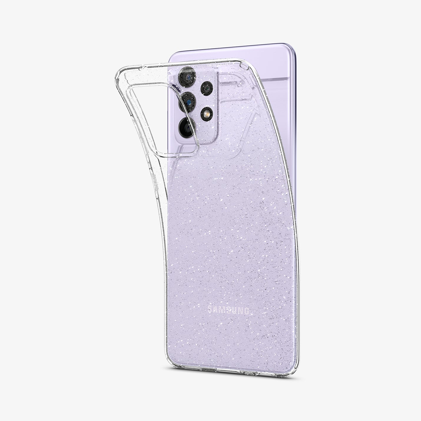 ACS02317 - Galaxy A52 Case Liquid Crystal Glitter in Crystal Quartz showing the soft layer of a tpu back case partially peeled off from the device