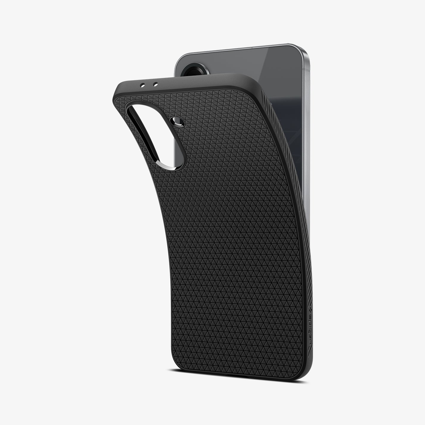 ACS09291 - Galaxy A56 5G Case Liquid Air in Matte Black showing the back, partial side and top, slightly peeled of from the device