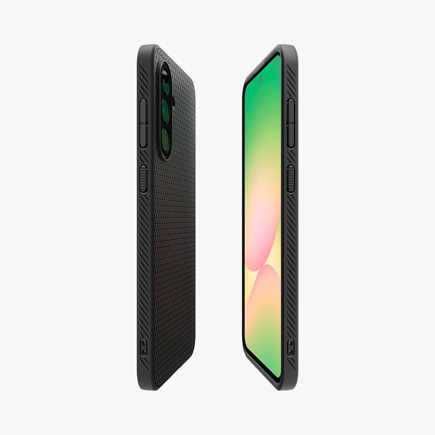 ACS09291 - Galaxy A56 5G Case Liquid Air in Matte Black showing the partial back, front and sides of both devices facing each