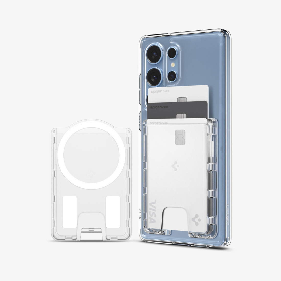 AFA09206 - Galaxy S25 Series Ultra Hybrid MagFit Wallet (MagFit) in Crystal Clear showing the front with card inserted attached to a device