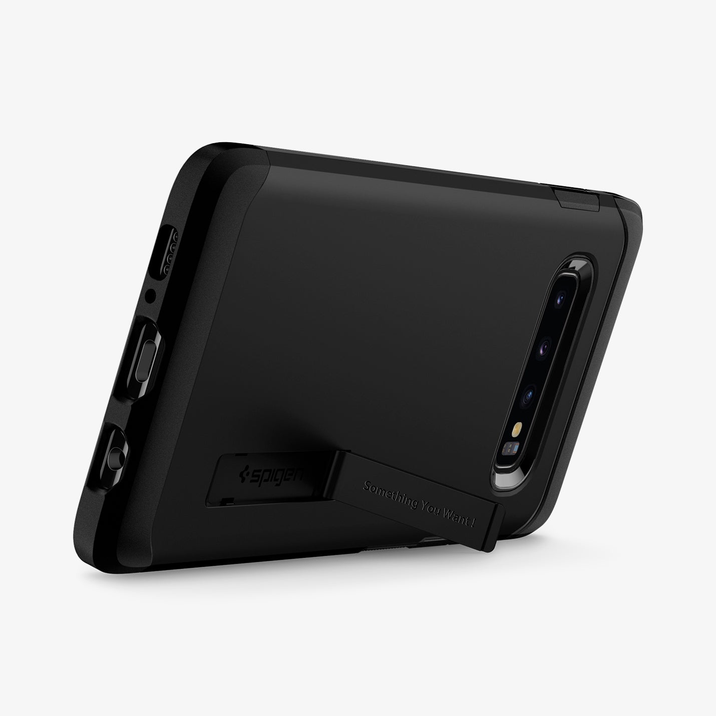 606CS25770 - Galaxy S10 Plus Tough Armor Case in black showing the back with device propped up by built in kickstand