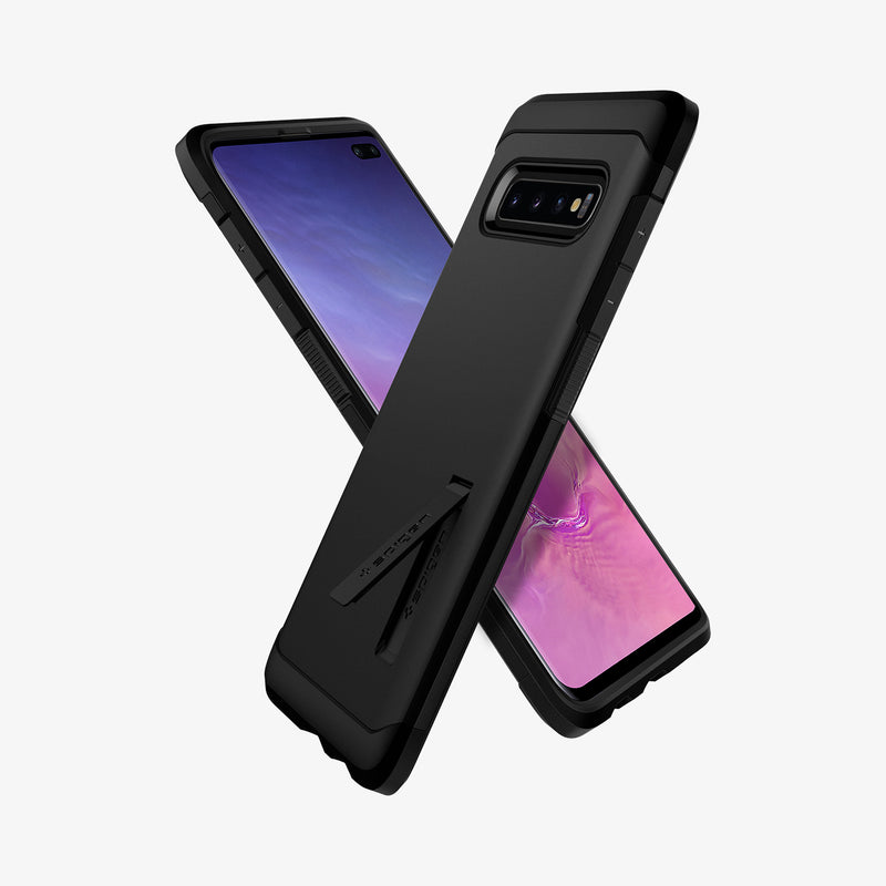 606CS25770 - Galaxy S10 Plus Tough Armor Case in black showing the back, front and sides