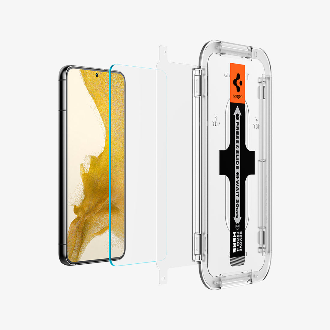 AGL05180 - Galaxy S22 EZ FIT GLAS.tR Screen Protector showing the device, two screen protectors and ez fit tray
