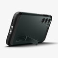 ACS06082 - Galaxy S23 Plus Case Tough Armor in abyss green showing the back with device propped up by built in kickstand