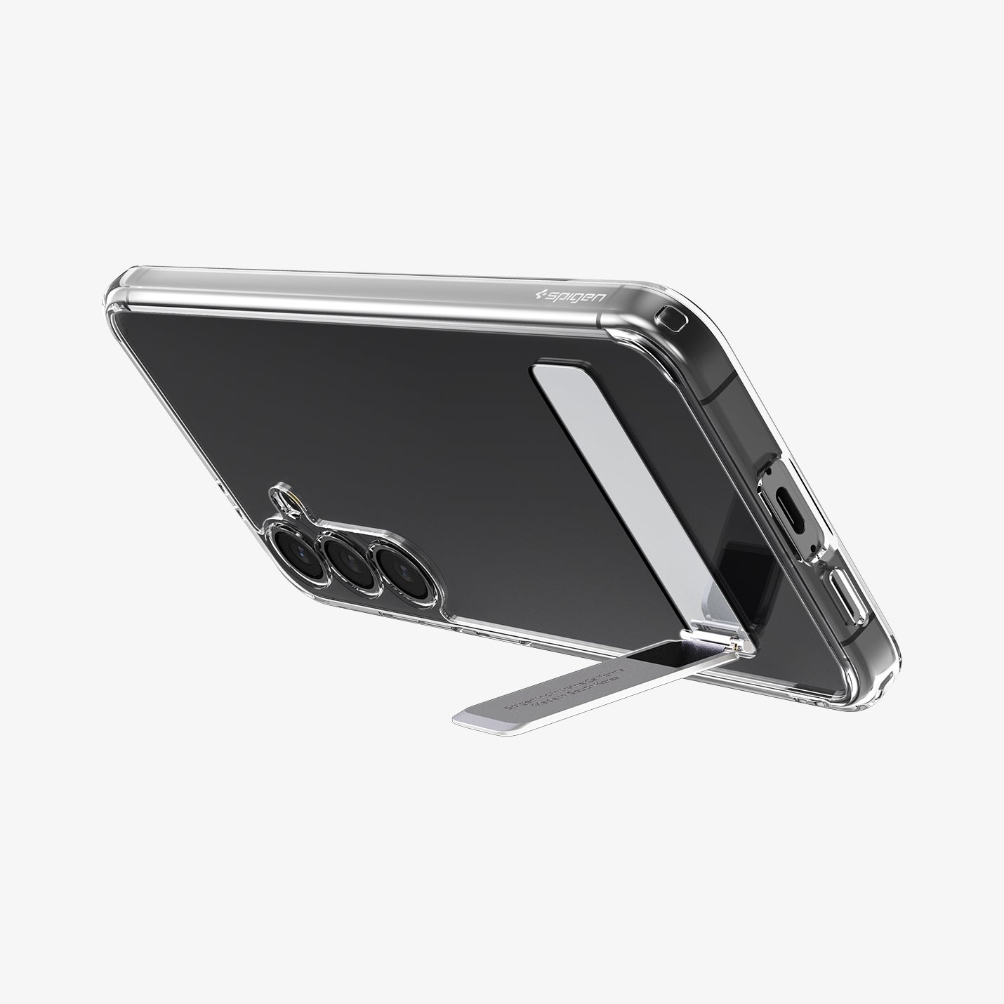 ACS08564 - Galaxy S24 FE Case Slim Armor Essential in Crystal Clear showing the back, partial side and bottom propped up with a built-in kickstand