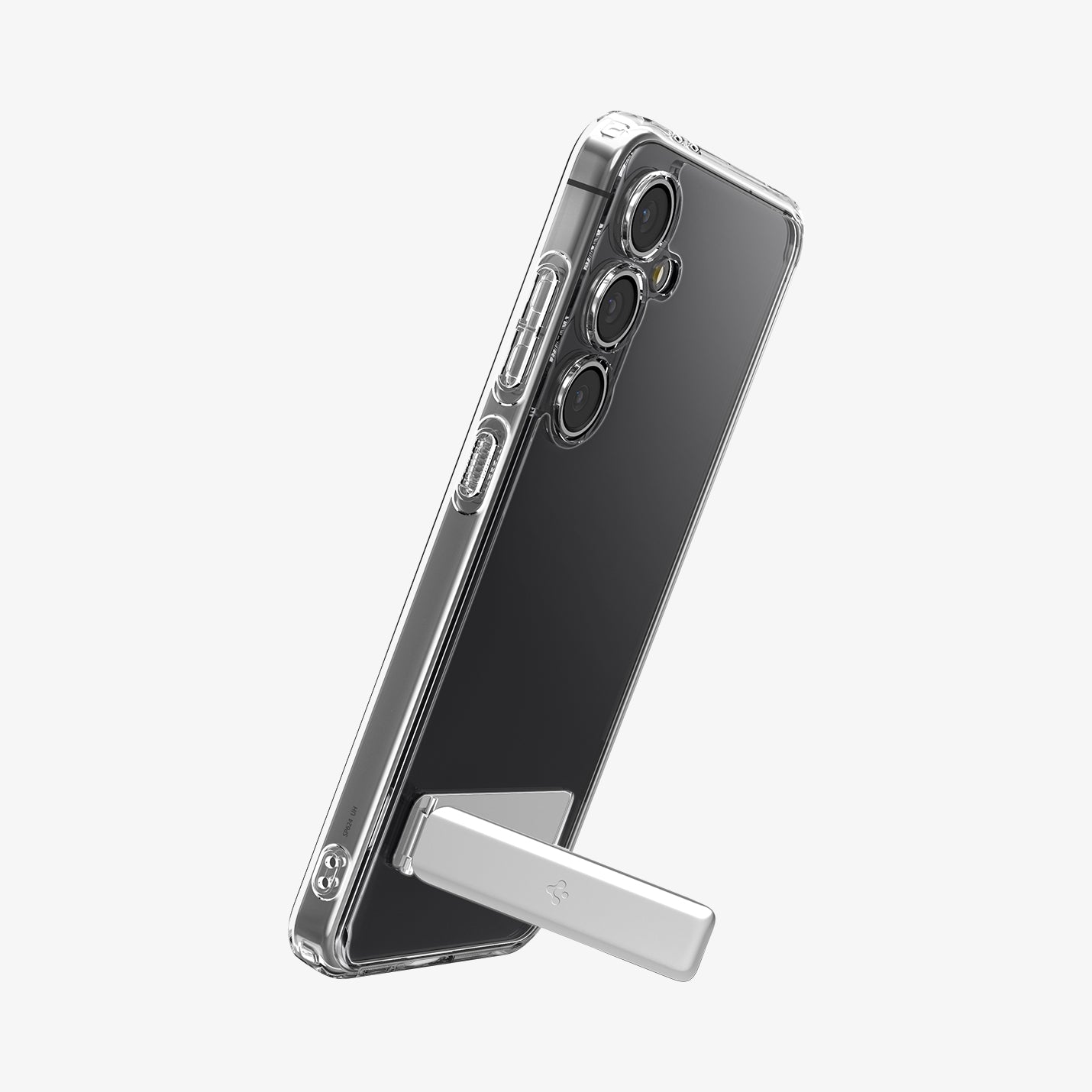 ACS08564 - Galaxy S24 FE Case Slim Armor Essential in Crystal Clear showing the back, partial side, propped up with a built-in kickstand in portrait style