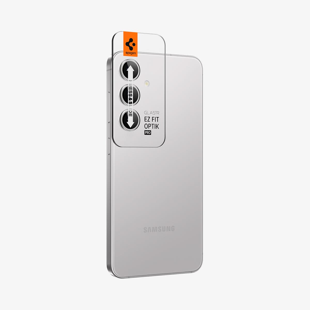 AGL07613 - Galaxy S24 Plus Optik Pro EZ Fit Lens Protector in Marble Gray showing the camera lens protector hovering above another lens protector tray and device showing the camera lens tray protector attached to the device