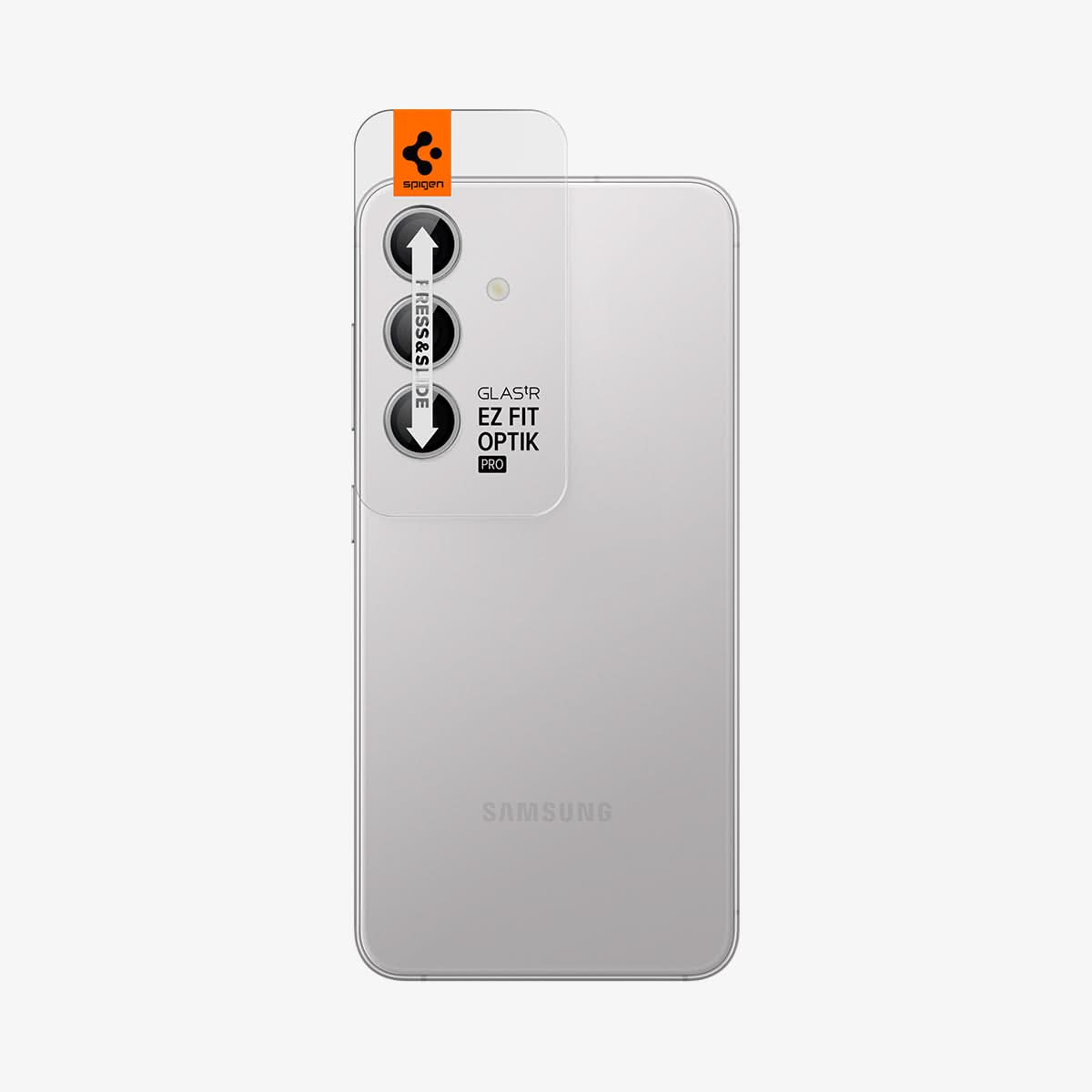 AGL07613 - Galaxy S24 Plus Optik Pro EZ Fit Lens Protector in Marble Gray showing the back with camera lens tray protector attached to the device