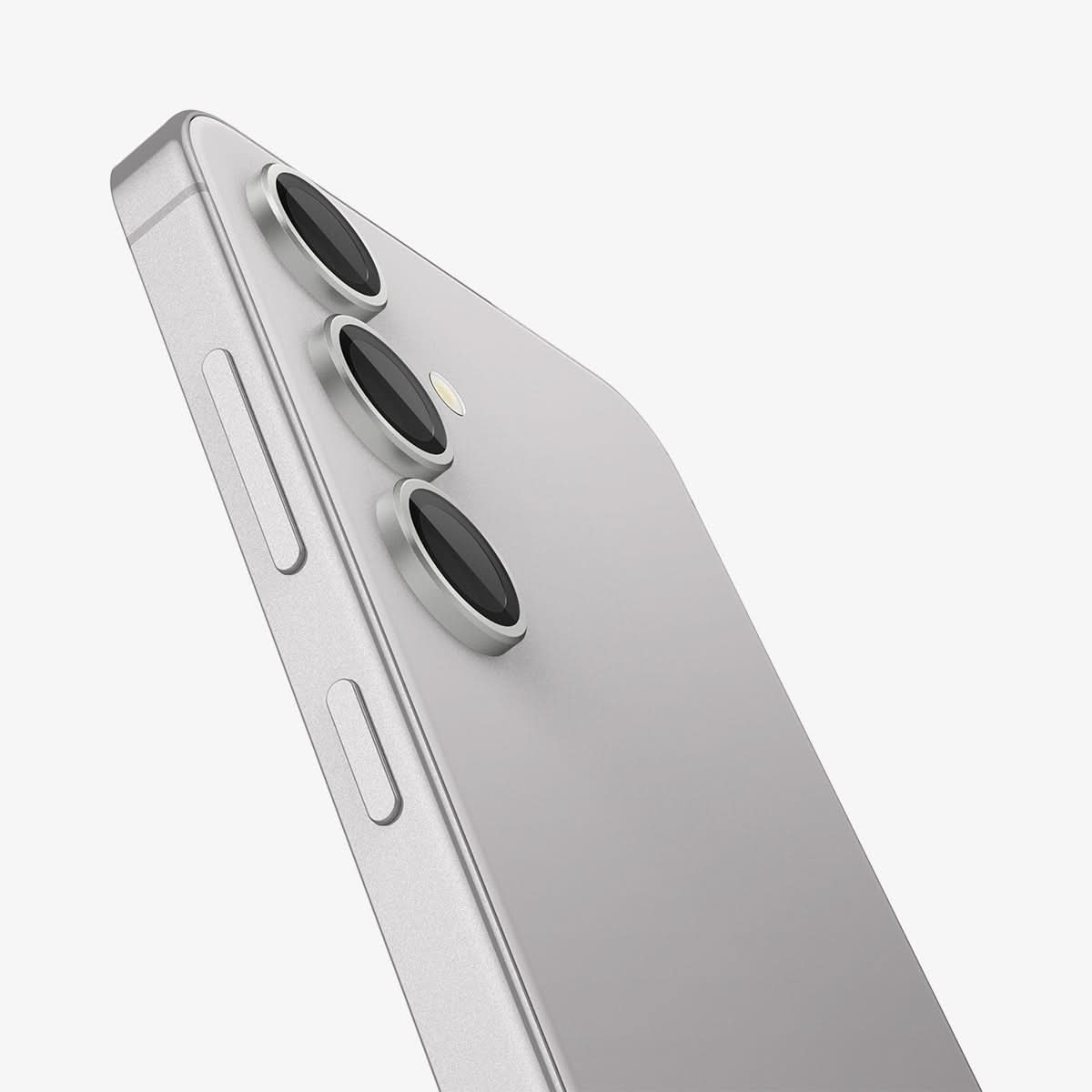 AGL07613 - Galaxy S24 Plus Optik Pro EZ Fit Lens Protector in Marble Gray showing the partial side of the camera lens protector, partial side and partial back of the device, half bodied, zoomed in