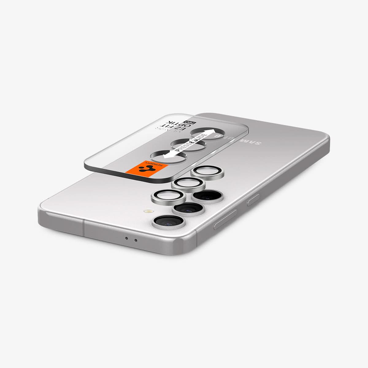 AGL07613 - Galaxy S24 Plus Optik Pro EZ Fit Lens Protector in Marble Gray showing the camera lens tray hovering above the detached camera lens protector and the device