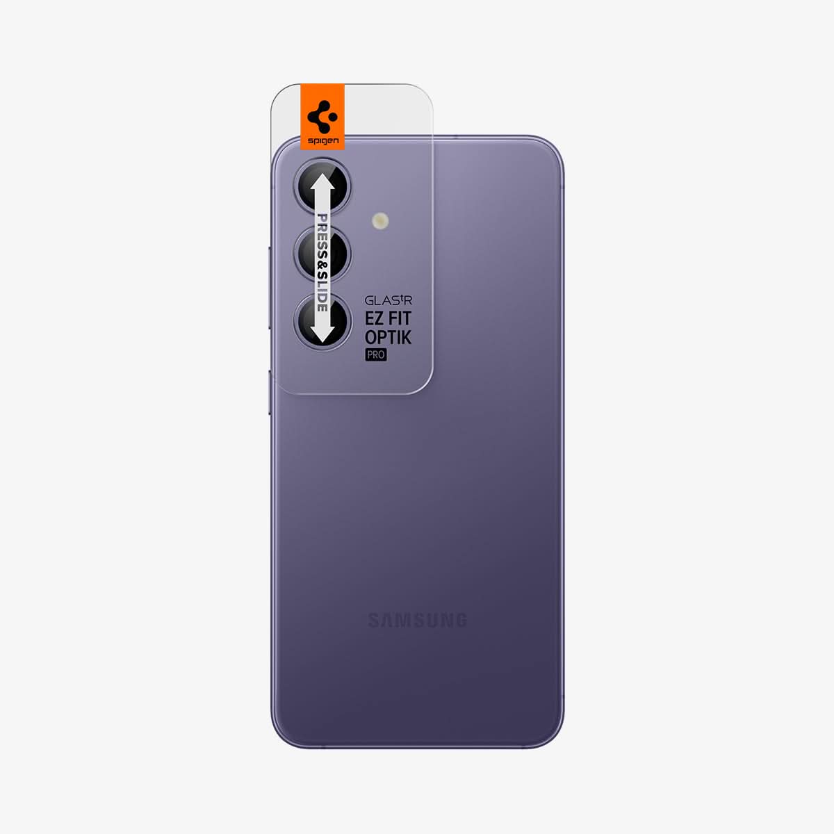 AGL07435 - Galaxy S24 Plus Optik Pro EZ Fit Lens Protector in Violet showing the back with camera lens tray protector attached to the device
