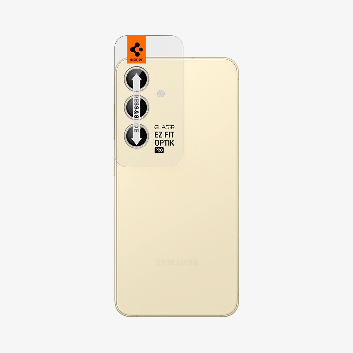 AGL07436 - Galaxy S24 Plus Optik Pro EZ Fit Lens Protector in Yellow showing the back with camera lens tray protector attached to the device